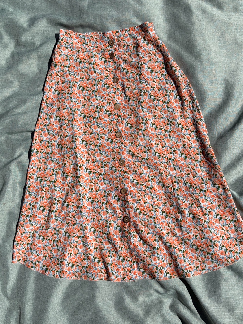 A-Line Button-Front Floral Skirt in Orange and Green